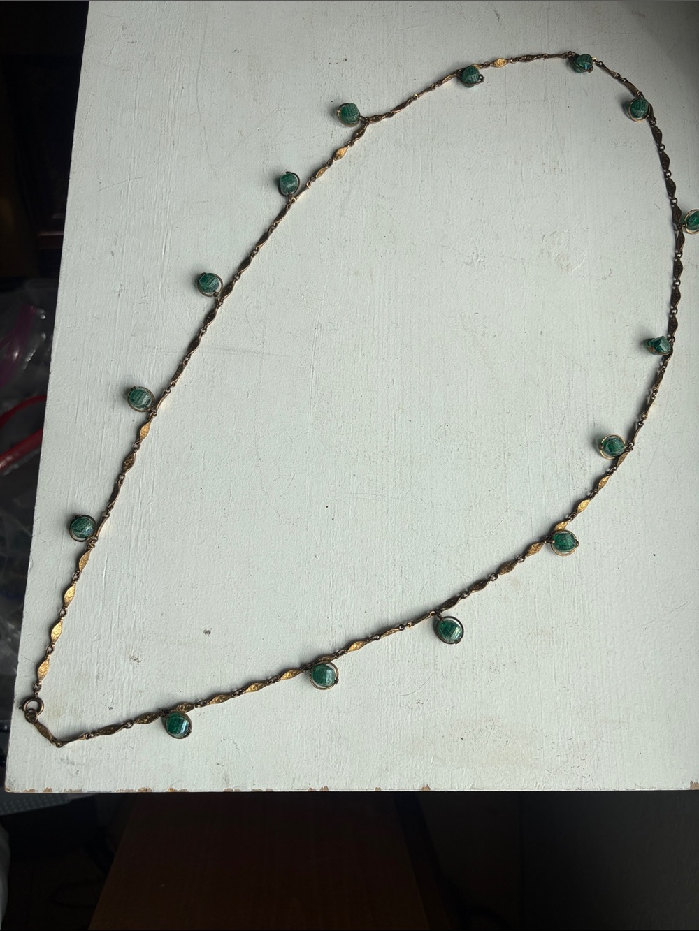 Art Deco 1920s Czech Green Glass Gyroscope Brass Long Single Strand 40โ Necklace